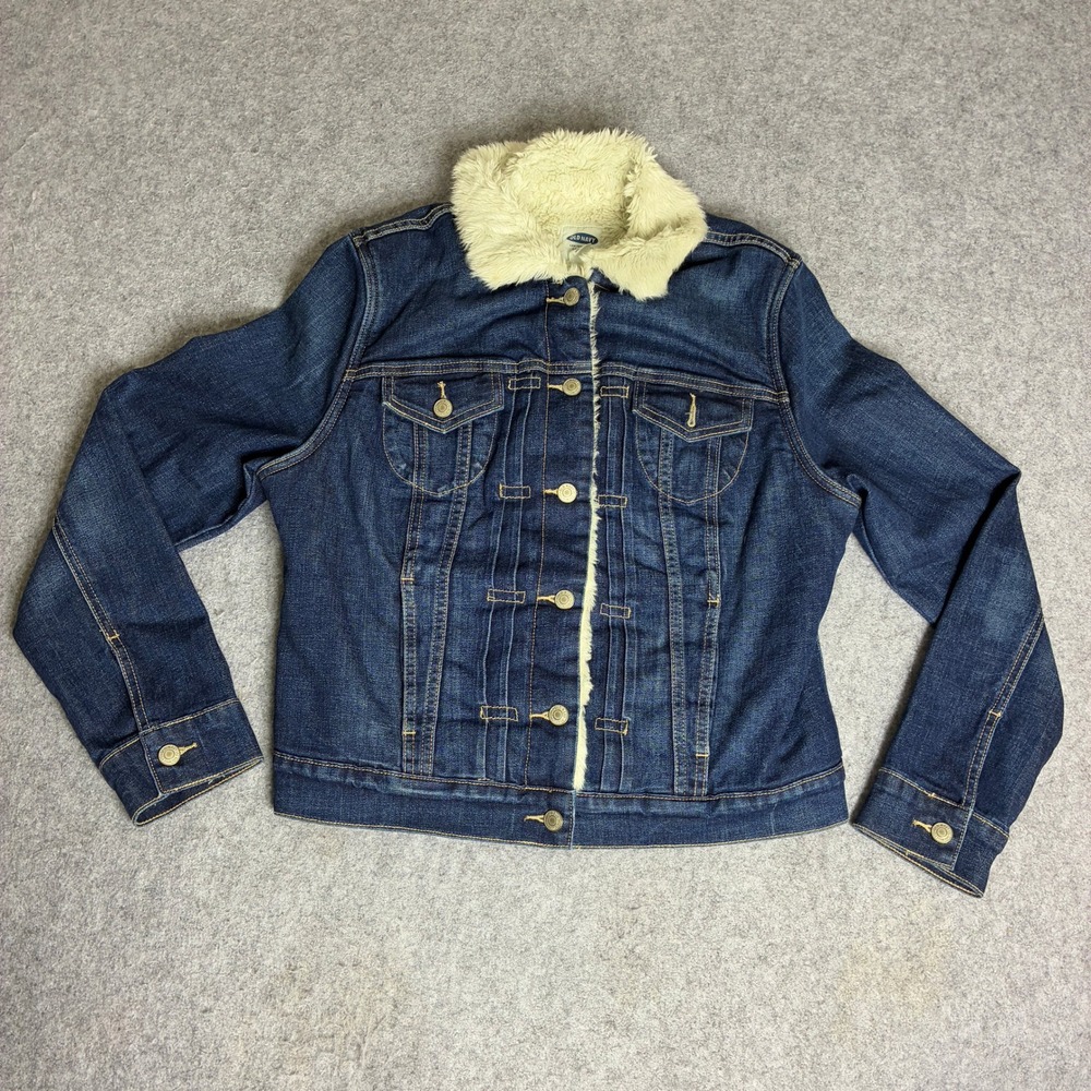 Old Navy Womens Denim Trucker Jacket Dark Wash Sherpa Lined Blue Large